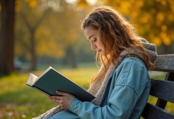 Obraz premium Young woman reading a book on a bench in a peaceful autumn park