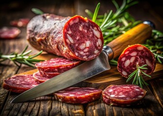 Close-up: a sharp knife slices delicious Italian salami, inspiring culinary art and food photography.