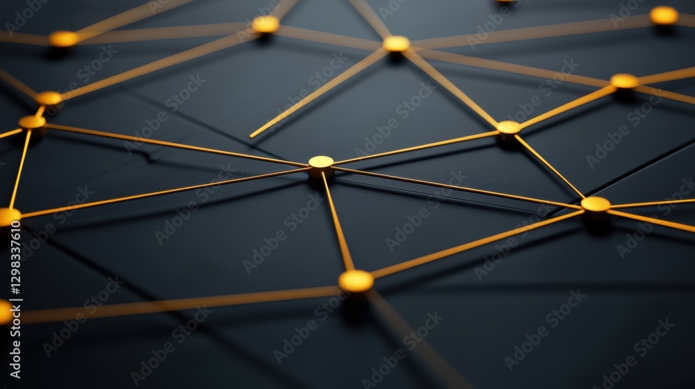 Poster a complex network of interconnected gold circles on a dark blue background.