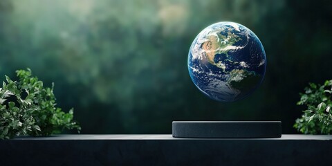 Environmental Activism wildlife policy concept. A floating globe surrounded by greenery on a dark background.