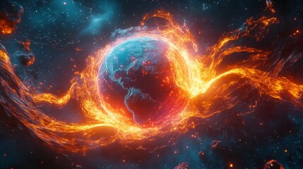 Obraz premium A bright, detailed Earth surrounded by flowing, glowing energy waves 