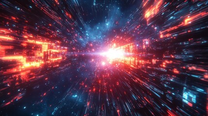 Fototapeta premium A bright Earth surrounded by pulsing, dynamic light trails and abstract grids