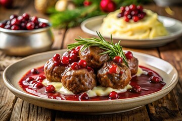 Close-up: succulent fricandel, fluffy potatoes, luscious brune sos, vibrant lingonberry.