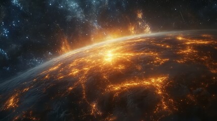 A cosmic perspective of Earth surrounded by moving, glowing light networks 