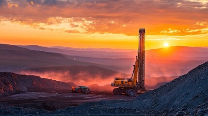 Mining operation at sunset over hills