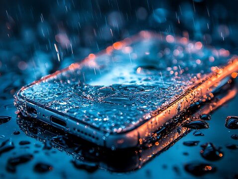 Rain-soaked Phone in Dark