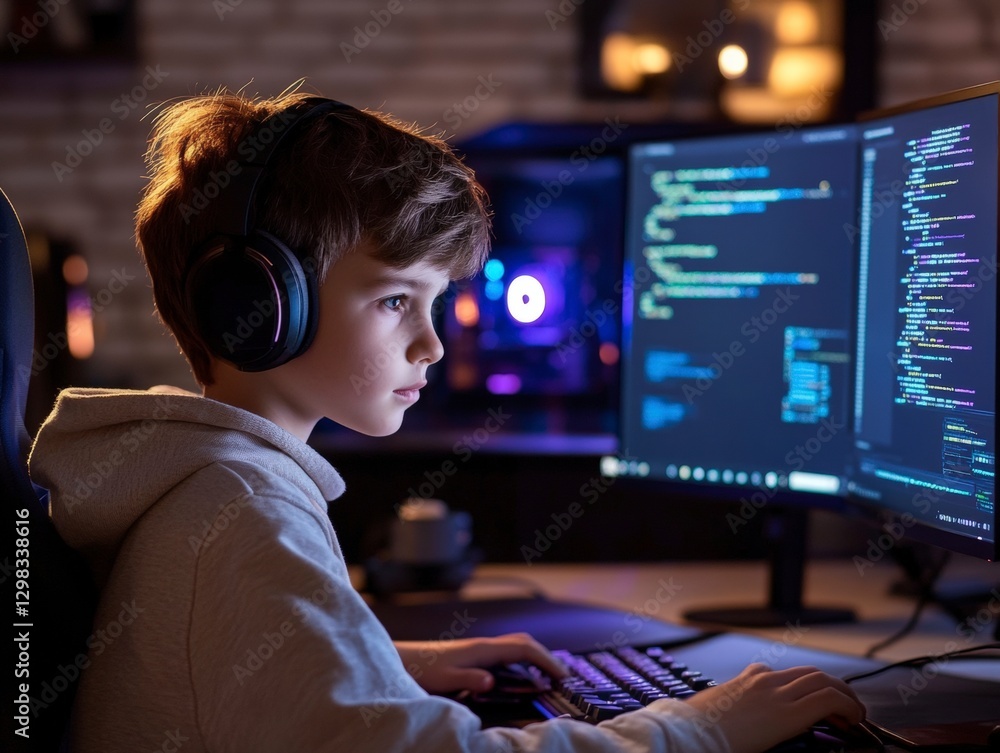 Poster young boy engaged in coding with computer in dimly lit room