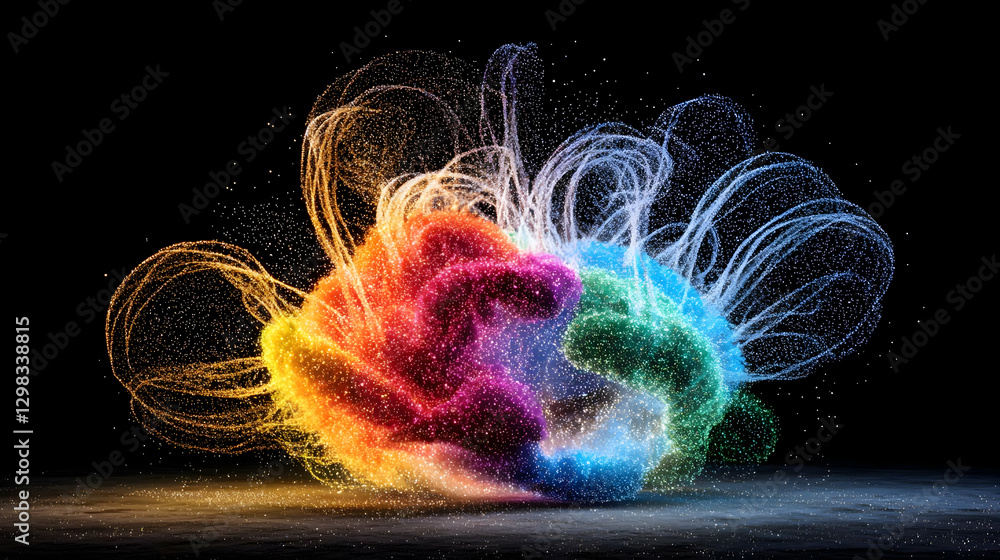 Poster abstract colorful energy explosion digital art against black background with dynamic light and motio