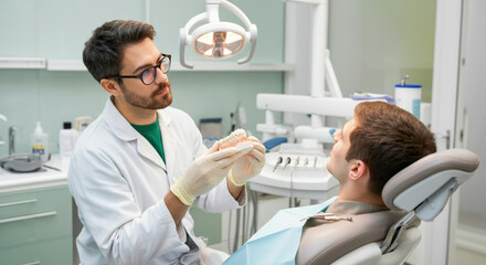 Fototapeta premium Young caucasian male at dental checkup with professional dentist in modern clinic.