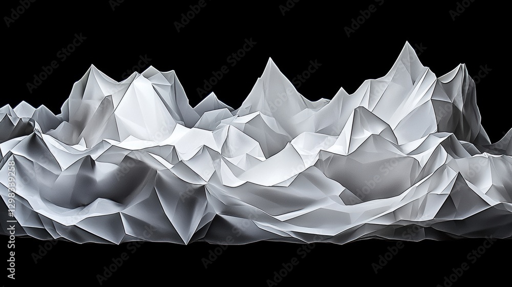 Poster a digital rendering of a mountain range, rendered in shades of white and gray, with sharp peaks and 