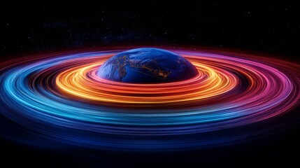 Obraz premium A detailed Earth with flowing, glowing neon rings representing global connectivity