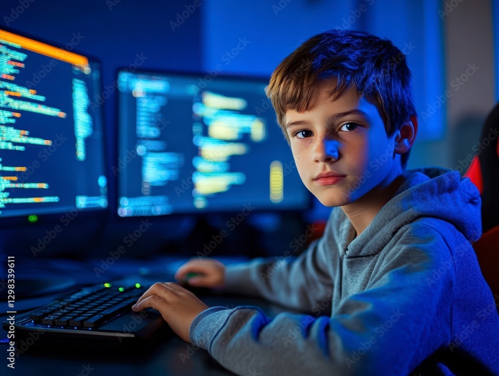 Poster young boy engaged in coding with computer screens at night