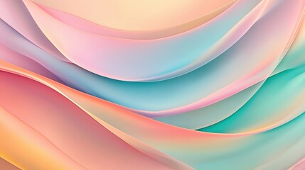 A vibrant abstract design featuring overlapping curved shapes in pastel shades of pink, blue, and green.