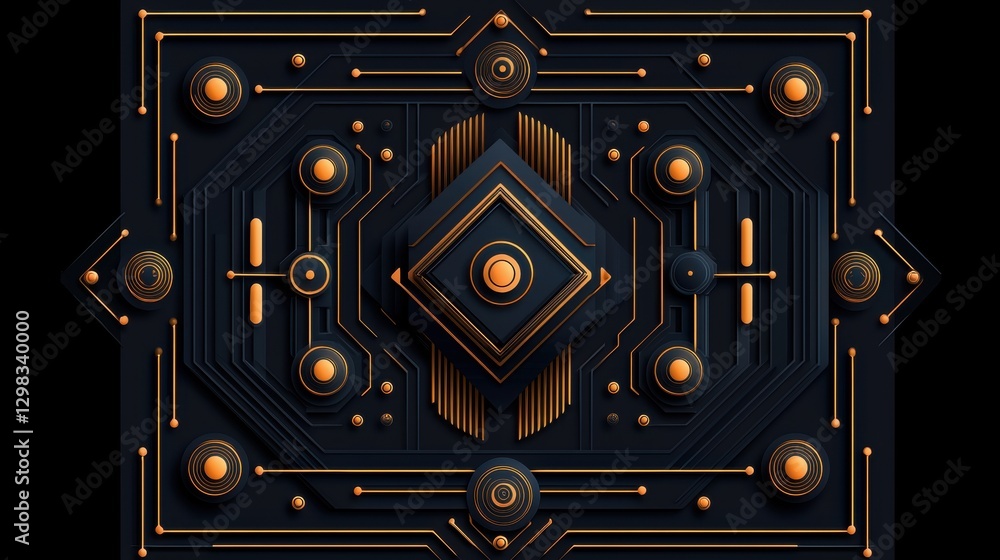 Poster a digital illustration of a complex, symmetrical design with a central diamond-shaped element and nu