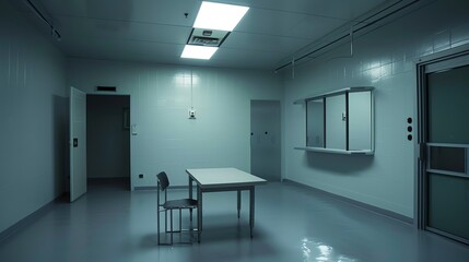 A sterile, white room with a table and chair, a window, and two doors.
