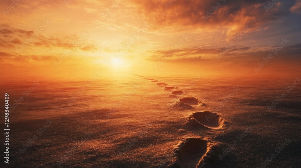 Aufkleber footprints leading to a vibrant sunset over a serene beach during twilight hours. generative ai