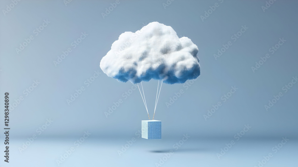 Poster abstract cloud illustration with cube below in blue tones on a gradient background