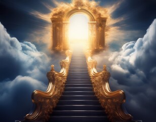 A staircase made of golden light, winding narrowly upward through the clouds to a small, radiant doorway.
