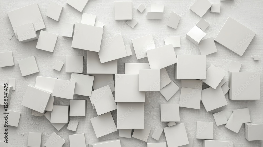 Poster a 3d rendering of white cubes scattered across a white background.