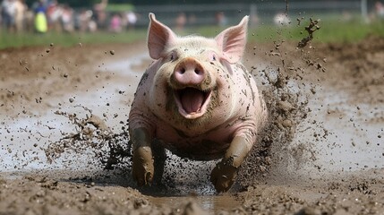Happy Pig Running Through Muddy Water at Outdoor Farm Event