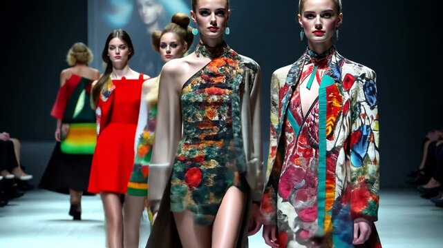 This captivating video features models on a runway, dressed in striking, colorful garments. It highlights the essence of modern fashion design. A celebration of creative expression. Generative AI