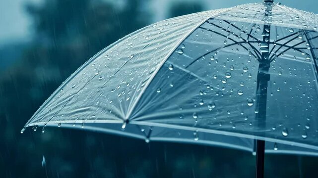Clear Umbrella in Rain. Close-up of transparent umbrella with raindrops, blurred background. Protection from weather, rainy day concept. Melancholy, solitude, nature theme