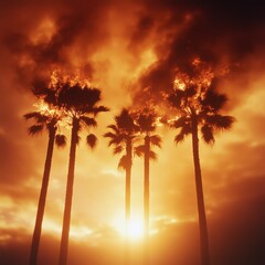silhouette of palm trees on fire against orange sky