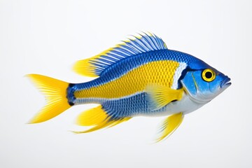 there is a blue and yellow fish with yellow fins on a white background