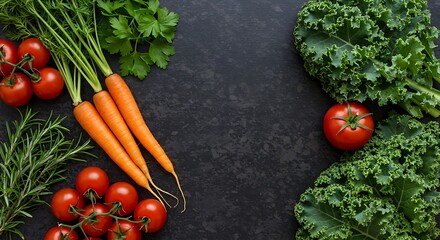 Fresh Vegetables and Fruits on Black Background
