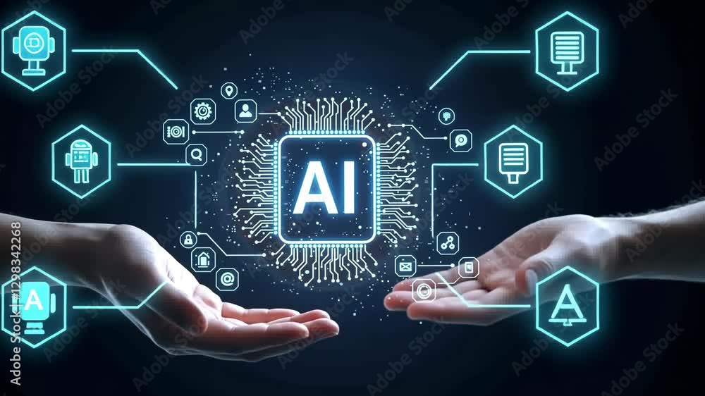 Poster artificial intelligence concept. hands holding ai chip, future technology design. business, innovati