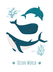 Poster illustration with whales and dolphin in the interior. Children's room. With the inscription Ocean World. Hand-drawn illustration. Scandinavian style.