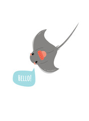 Stingray. Cute Ray Fish Vector Illustration. Smiling and Wearing a Red Knitted Hat. Hello!