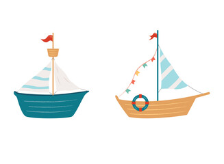 Set of Two Sailboats with Striped Sails. Simple and Stylized Vector Illustration