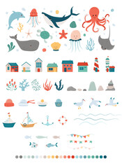 Large Vector Illustration Set with Ocean-Themed Elements. Whales, Fish, Lighthouses, Waves & More