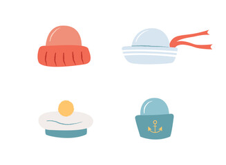 Set of Stylized Sailor and Captain Hats. Vector Illustrations with Modern Colors and Simple Shapes