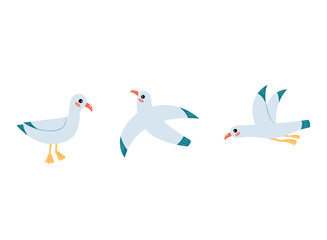 Set of Three Seagull Vector Illustrations. Flying and Standing on a Lamppost