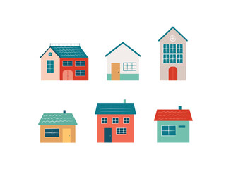 Various small tiny houses. Paper cut style. Flat design. Hand drawn trendy illustration. Scandinavian houses. Vector. Wight background
