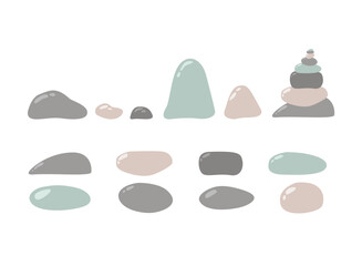 Set of Vector Stone Illustrations. Tower of Stones. Balance. Pastel Warm Colors with Smooth Shapes and Light Reflections
