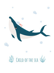 Poster illustration with a whale in the interior. Children's room. With the inscription Child of the Sea. Hand-drawn illustration. Scandinavian style.