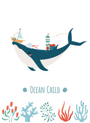 Poster illustration with a whale in the interior. Children's room. With the inscription Ocean Child. Hand-drawn illustration. Scandinavian style.