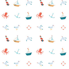Ocean pattern on a white background. Pattern for wallpaper, packaging, children's items. Ocean. Marine animals. Vector