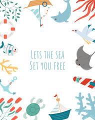 Let's the Sea Set You Free. Vector Poster with Marine Animals and Plants