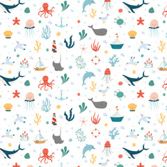 Ocean pattern on a white background. Pattern for wallpaper, packaging, children's items. Ocean. Marine animals. Vector