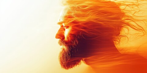 A man’s face radiates energy through vibrant oranges and yellows, capturing dynamic movement and intricate details in an electrifying composition