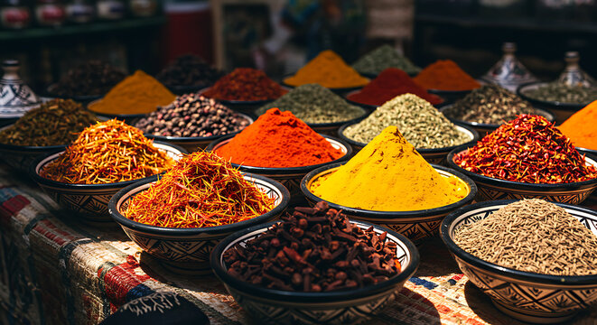 Moroccan spices, saffron, cinnamon, paprika, and cumin