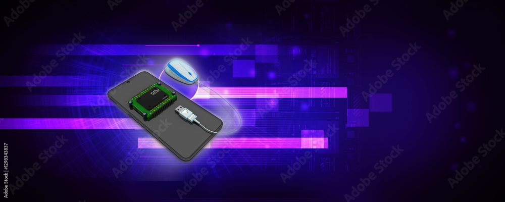 Poster 3d rendering microchips with mobile phone connected mouse