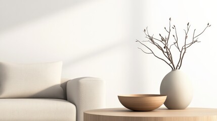 Obraz premium Minimalist Interior with Sofa, Wooden Bowl and Vase with Branches