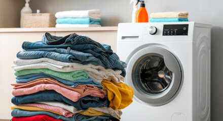 Clean laundry stacked neatly next to a modern washing machine in a cozy laundry room