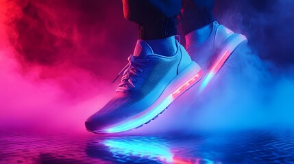 Neon-Lit Footwear: A dynamic, close-up view of a modern running shoe illuminated by vibrant pink and blue lights. The atmospheric ambiance creates an invigorating vibe.