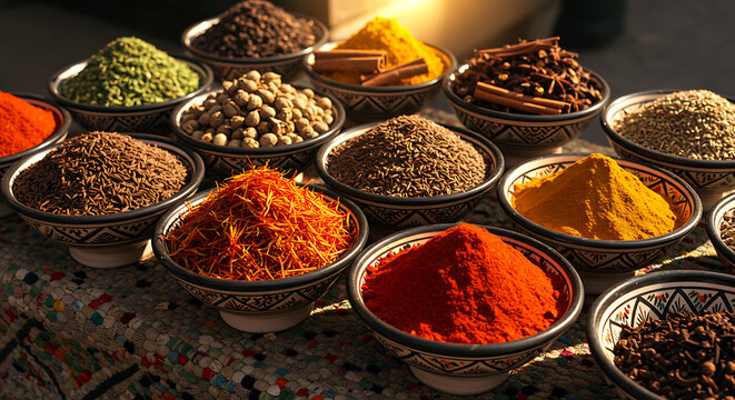 Moroccan spices, saffron, cinnamon, paprika, and cumin